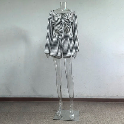 Hiloc Casual Knit Stripe Shorts Pajamas Sets Long Sleeve Home Wear Lace Up Top And Elastic Waist Shorts Sleepwear Knitted Outfit