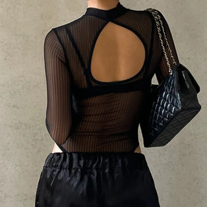 See Through Bodysuit Backless Hollow Out Transparent Club Jumpsuits Women Solid Black Tee Summer Elegant Sexy Streetwear