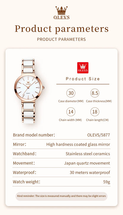 OLEVS 5877 Japan Quartz Movement Woman Watch Simple Elegant Luxury Rose Gold Ceramics Strap Waterproof Ladies Dress Wristwatch