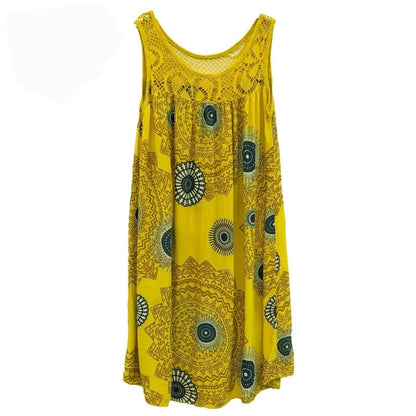 Women's clothing summer sleeveless camisole dress lace print sleeveless large swing loose sexy dress long skirt plus size Yellow