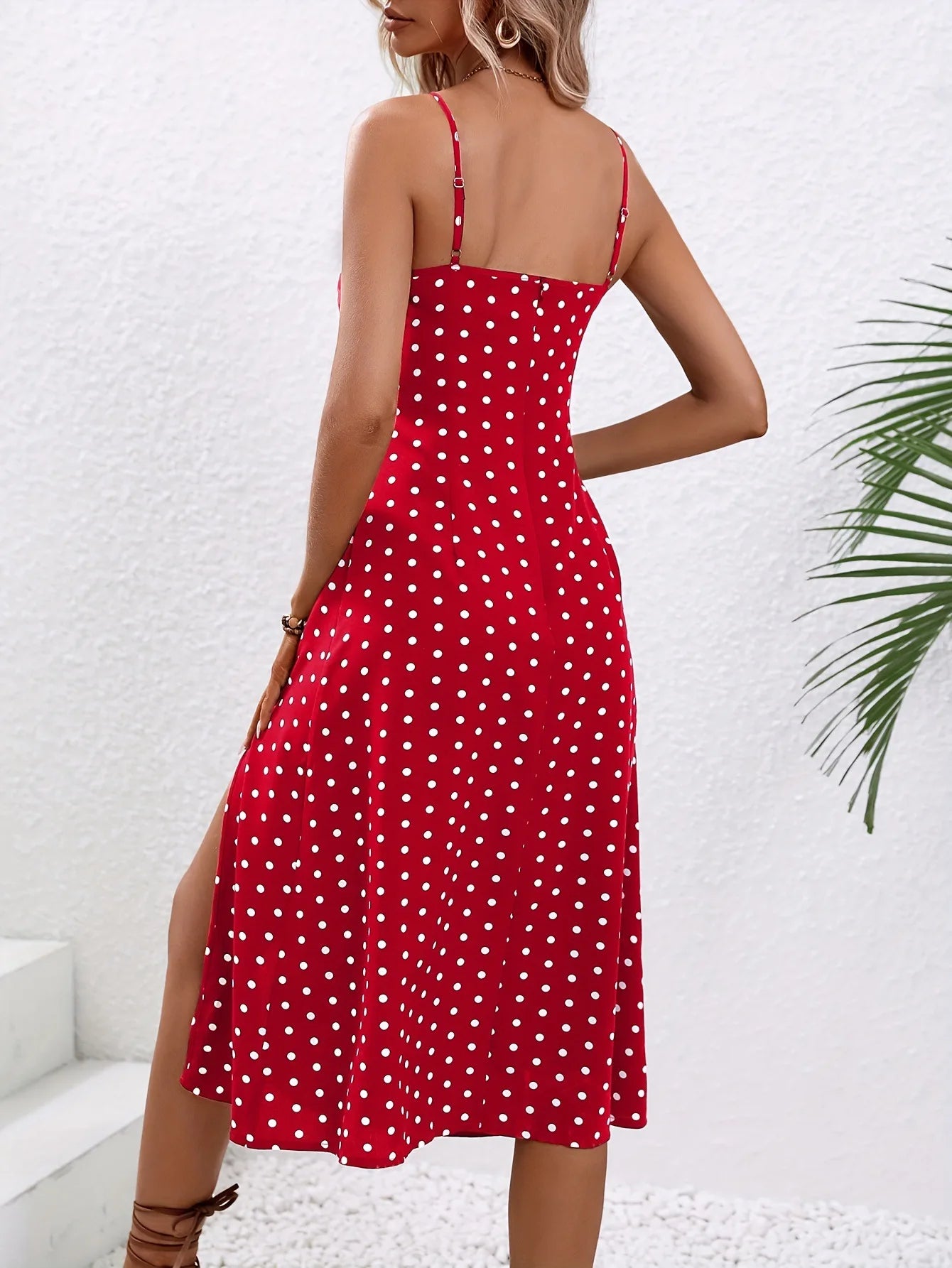 2024 Summer Sexy Spaghetti Straps Dress Women Fashion Polka Dot Print Sleeveless Slit Dress Boho Casual Beach Midi Dresses Badiee Stylez