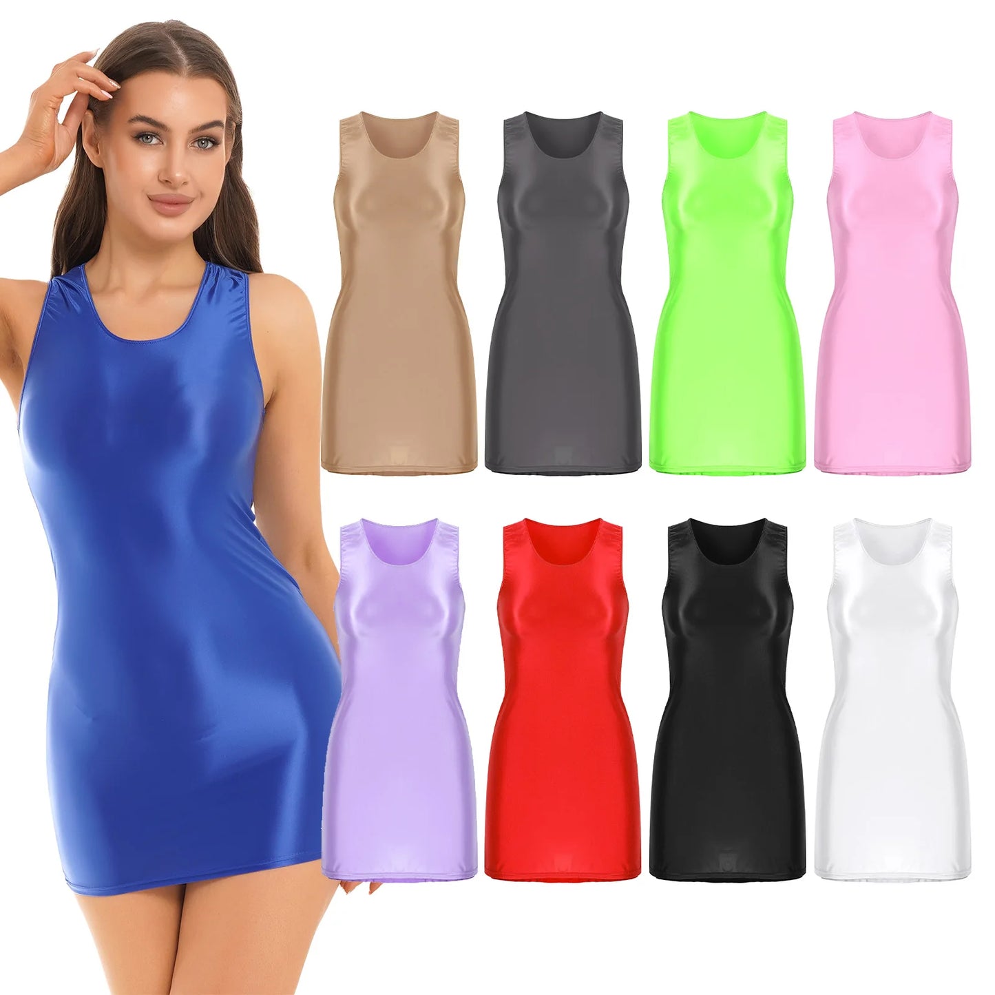 Women's Oil Glossy Stretch Tank Mini Dress Solid Color Sleeveless Tights Bodycon Short Dress Stretch U Neck Party Sundress