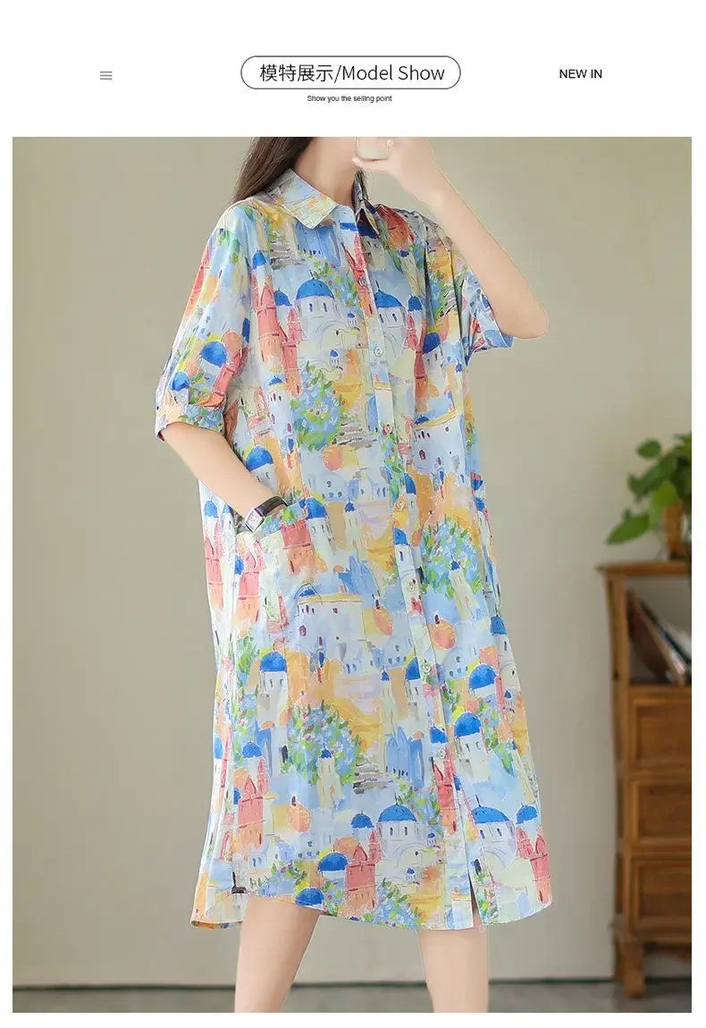 Fashionable Cartoon Printed Short-sleeved Shirt Skirt for Women in Summer Loose Dress