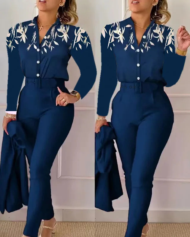 Women's Shirt 2 Pieces Suit Set 2024 Fall Print V Neck Long Sleeve Top Casual High Waist Pockets Work Female Clothes Pants Set