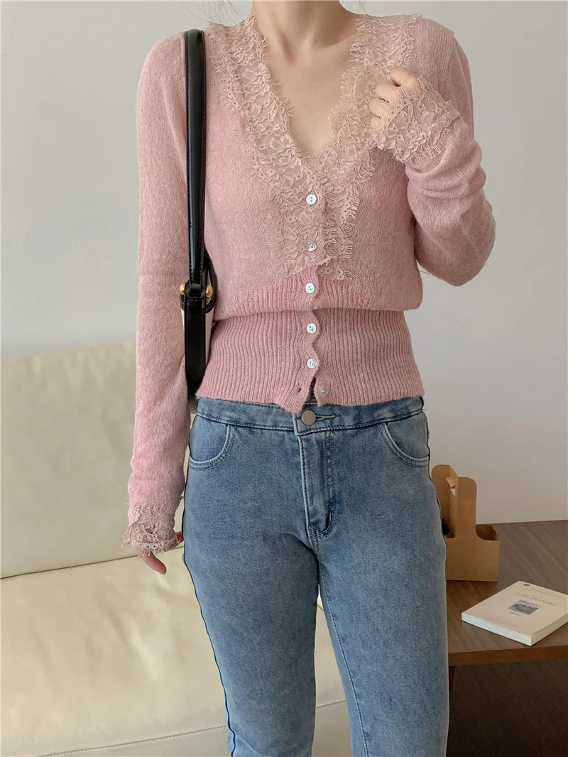 High-fashion Kawaii Botton Up Lace Patchwork Knitted Cardigan Women Autumn Winter Ladies Elegant Vintage Sweater Cheap Wholesale