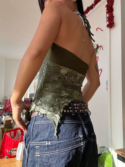 Rockmore Boho Vintage Print Mesh Patchwork Crop Top Women V Neck Camis Y2K Streetwear Female Coquette Aesthetic Clothes 2024