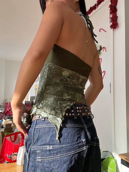 Rockmore Boho Vintage Print Mesh Patchwork Crop Top Women V Neck Camis Y2K Streetwear Female Coquette Aesthetic Clothes 2024