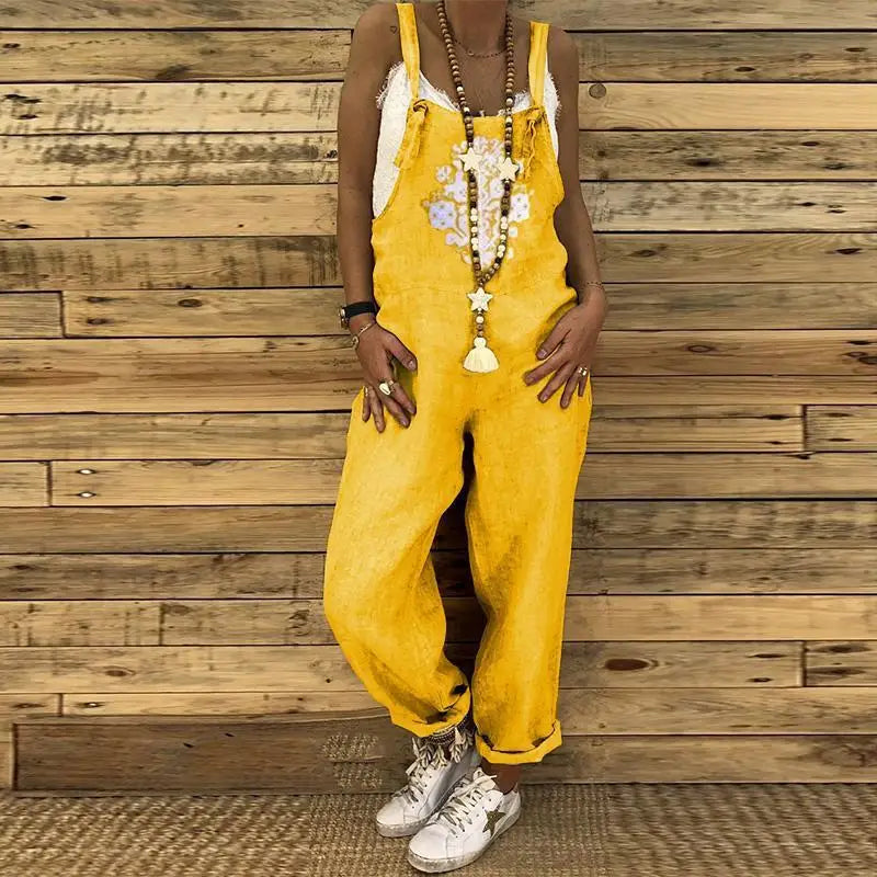 Linen Overalls Jumpsuit Women Casual Print Sleeveless Summer Loose Female Suspenders Straight Leg Fashion New Streetwear