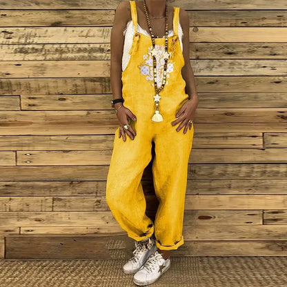 Linen Overalls Jumpsuit Women Casual Print Sleeveless Summer Loose Female Suspenders Straight Leg Fashion New Streetwear