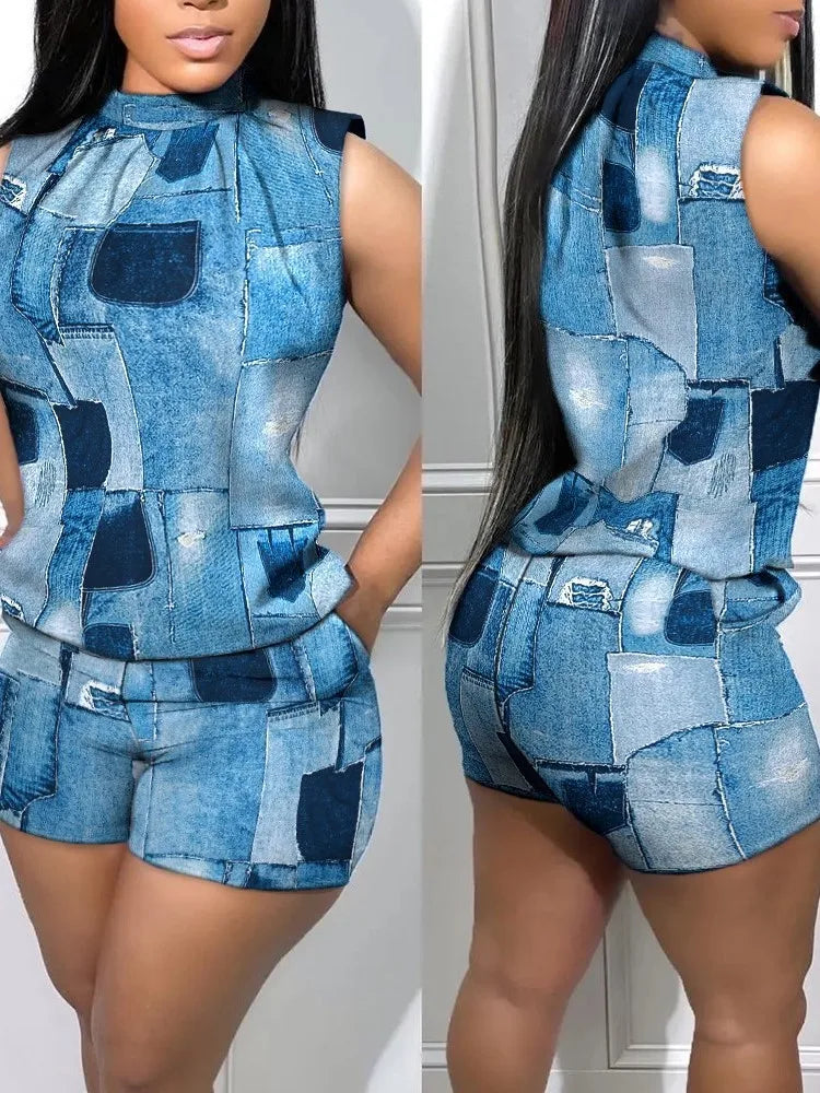 Summer New Street Trendy Women's Polyester Sexy Sleeveless Fashion Print Casual Round Neck 3/4 Shorts Sleeveless Comfortable Set