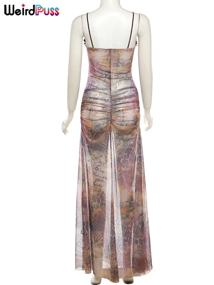 Weird Puss Side Split Women Dress Spaghetti Strap Halter Neck Edible Tree Fungus Hollow Out Sexy Evening Party Ladies Vestido