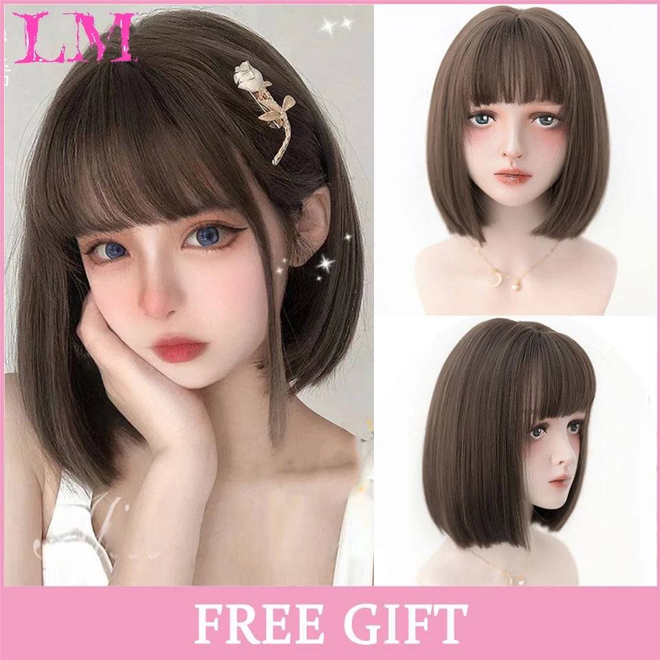 LM Long Silky Straight Synthetic Wigs with Bangs Black Cosplay Party Lolita Hair Wigs for Women Natural Heat Resistant Wig #27