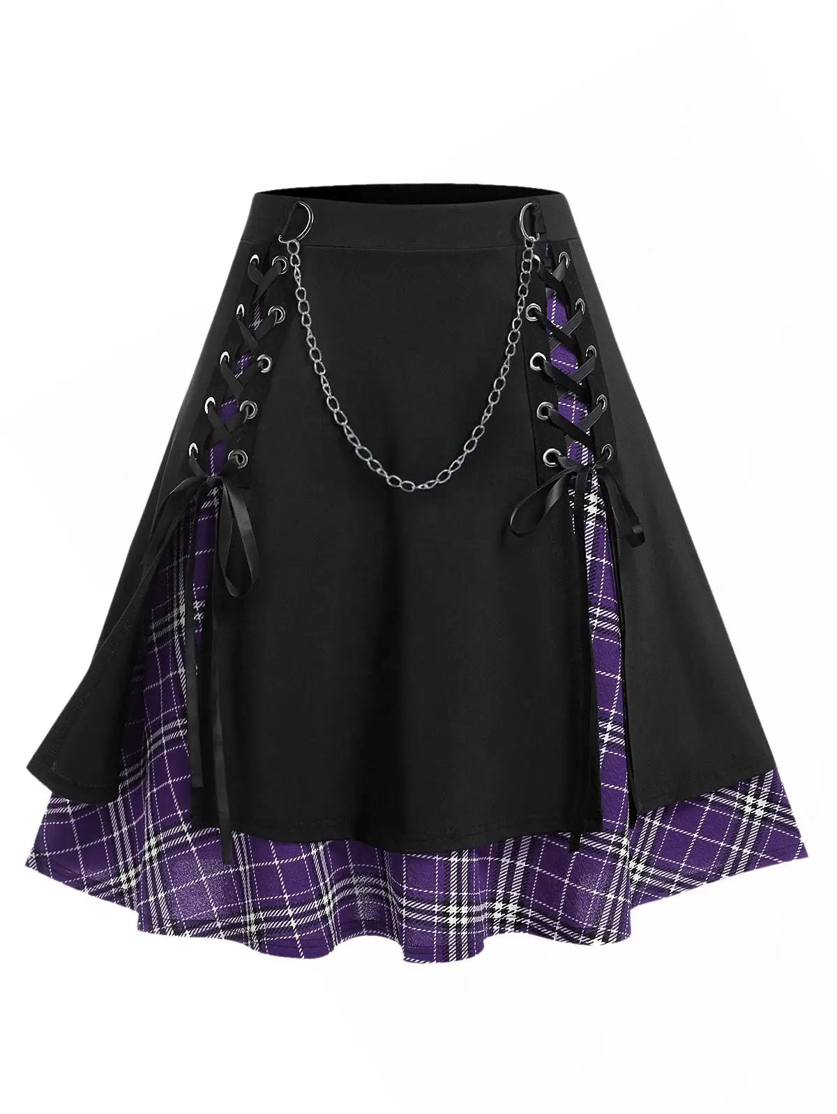ROSEGAL Plus Size Women's Gothic Skirt Casual Plain Chain Detail High Waisted Stitching Plaid Pleated Layered Lace Up Skirts 5XL Purple