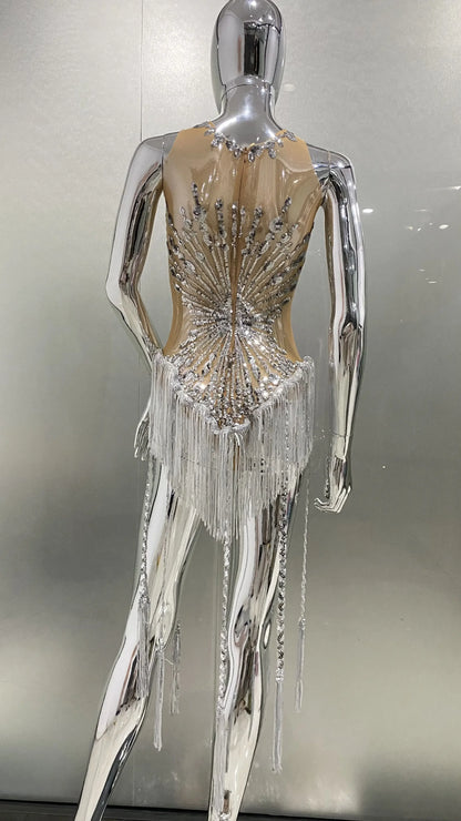 Sliver Sequins Shining Diamonds Long Tassel Sleeveless Mini Dress High Quality Evening Dress Woman Birthday Party Outfit
