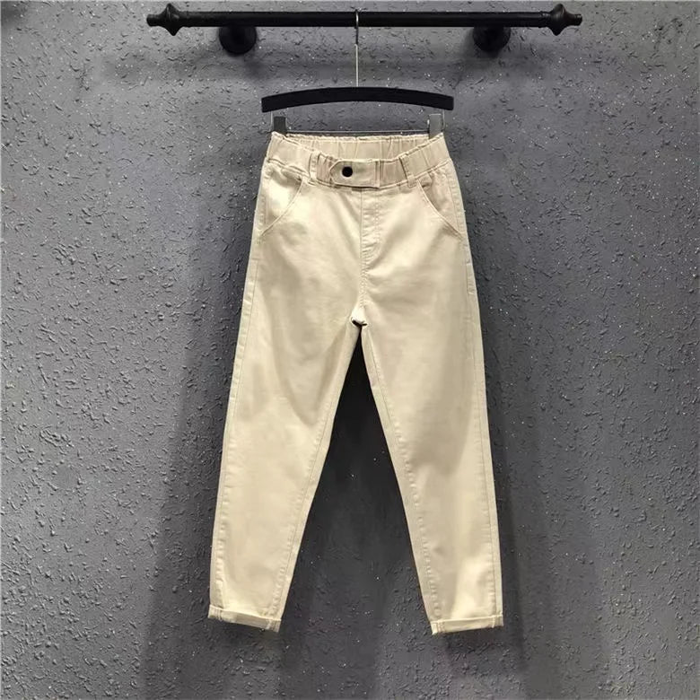 New Spring Summer Women Casual Harem Pants All-matched Casual Cotton Denim Pants Elastic Waist Solid Yellow White Jeans Female