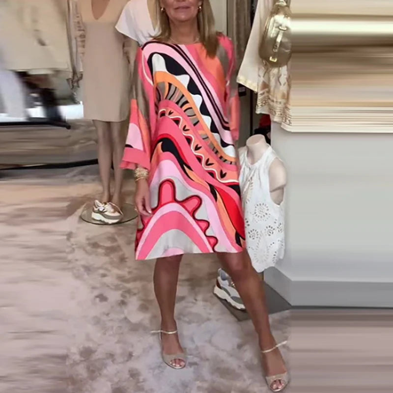 Ladies Elegant Crew-neck Pullover Office Dress Autumn All Match Pattern Print Female Dress 2024 Chic Long Sleeve Commuter Dress