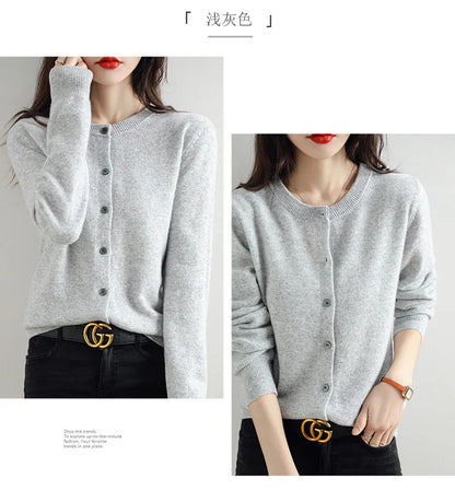 Knitted Cardigan Women's Sweater Autumn And Winter 2022 New Solid Color Coat Round Neck Short Long Sleeve Loose Korean Fashion
