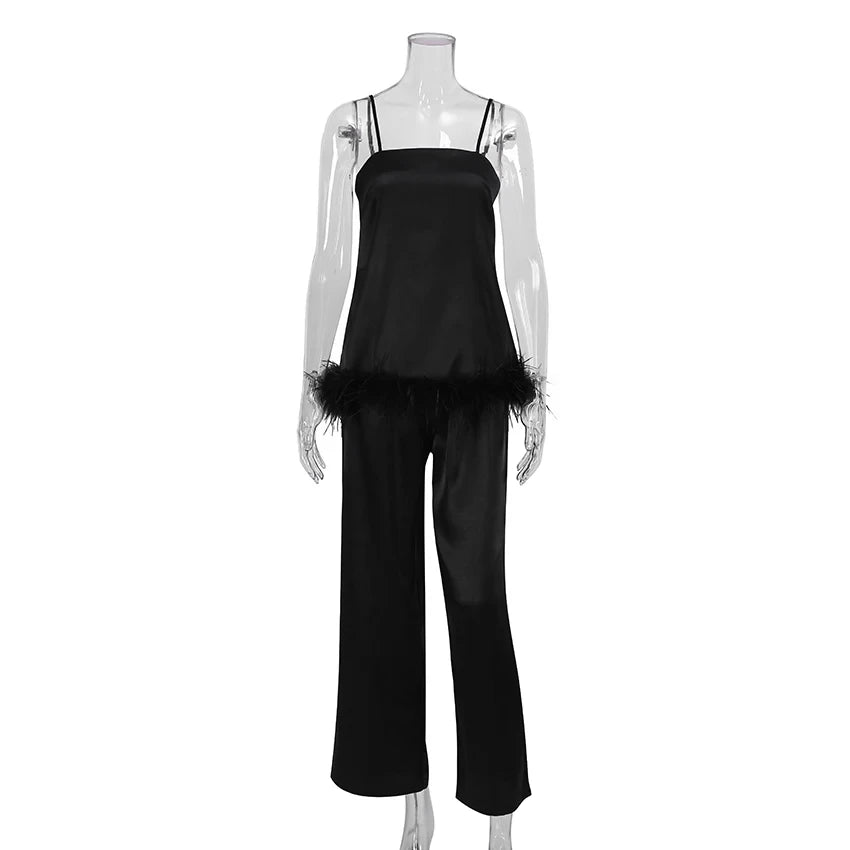 Satin Pajamas With Feathers Sleepwear Women Sets With Pants Black Spaghetti Strap Home Suit White Trouser Suits 2022