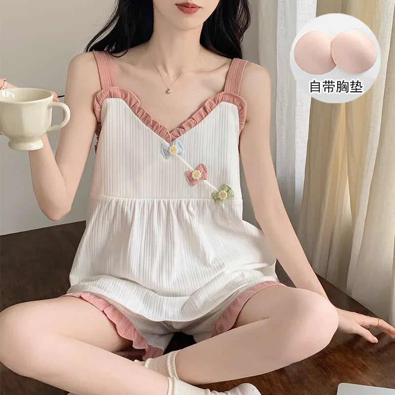 Two-piece Summer Solid Color Suspender Suit Pajamas for Women Sweet with Chest Pad Pajamas Vests Home Clothes 여자 잠옷 E