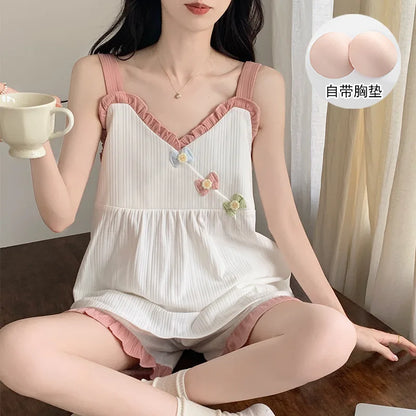 Two-piece Summer Solid Color Suspender Suit Pajamas for Women Sweet with Chest Pad Pajamas Vests Home Clothes 여자 잠옷 E