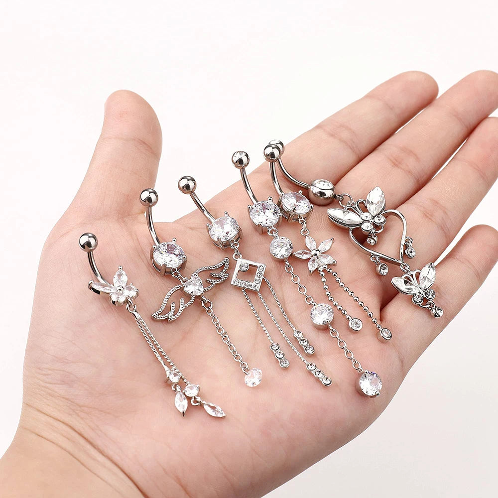 Zircon Crystal Belly Button Ring Dangle Wing Piercing Nombril Ombligo Surgical Steel Barbell Heart Round Navel Stud Body Jewelry