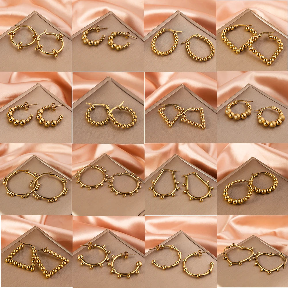 Stainless Steel Women's Hoop Earrings, Non Fading Fashionable Gold Color Metal Bead Earrings, Classic Jewelry Accessories