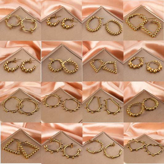 Stainless Steel Women's Hoop Earrings, Non Fading Fashionable Gold Color Metal Bead Earrings, Classic Jewelry Accessories