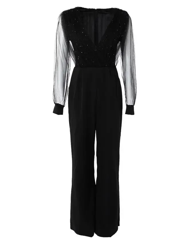 Elegant Jumpsuit Women Spring Fashion Glitter Print Sexy V-Neck Long Sleeve Casual Contrast Mesh Pocket Straight Leg Jumpsuit Badiee Stylez