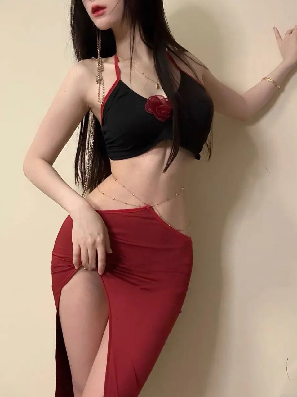 Red Rose Hanging Neck Top Split Long Dress Off The Waist Gold Chain Ring Waist Anchor Leading Dance Dress Tie Two Piece Set H80Z