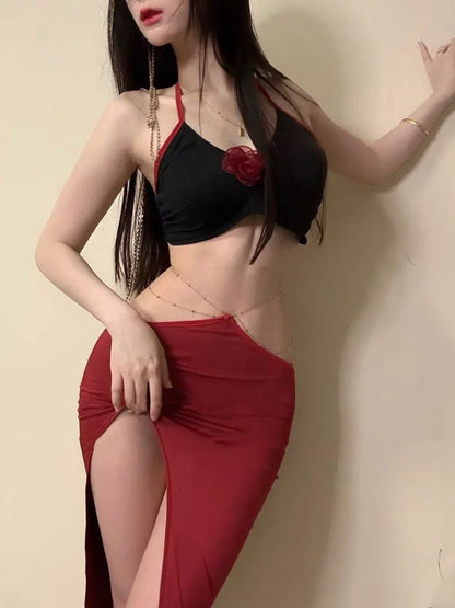 Red Rose Hanging Neck Top Split Long Dress Off The Waist Gold Chain Ring Waist Anchor Leading Dance Dress Tie Two Piece Set H80Z