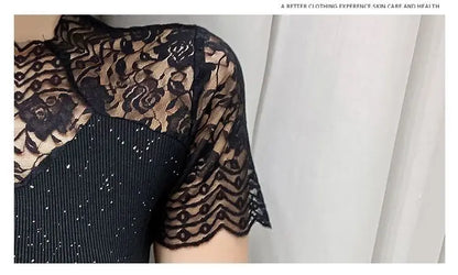Summer Women Tops Patchwork Bright silk Mesh T shirt Pathcwork Short Sleeve Lace Shirt