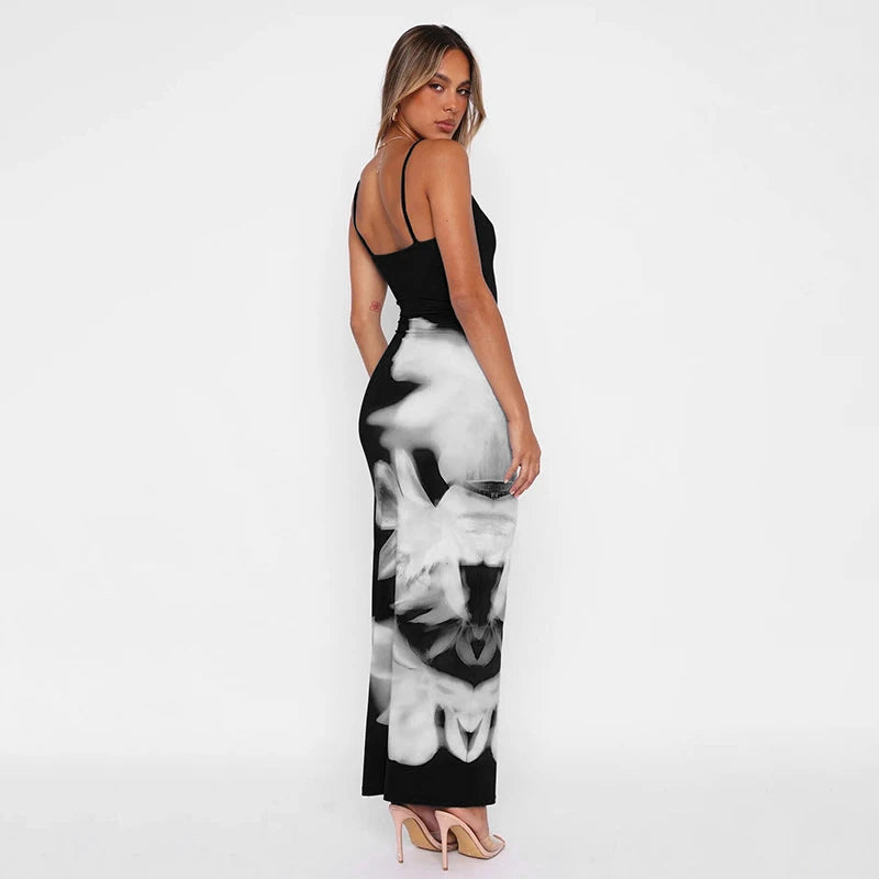 Summer Women's Dresses New Fashion Print Sleeveless Backless Bodycon Sexy Maxi Dresses Casual Streetwear Club Elegant Lady Dress