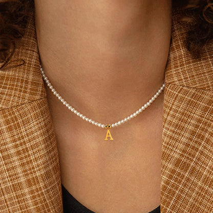 Stainless steel letters initial pendant necklace diy name Simulated pearls Bead Necklaces for Women Pearl Woman's Choker jewelry Badiee Stylez