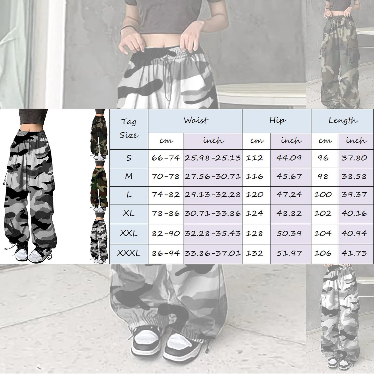 Womens Camouflage Cargo Pants Streetwear Hip Hop Baggy Trousers Casual Drawstring Joggers Pockets Loose Wide Leg Sweatpants