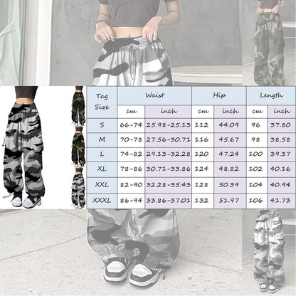 Womens Camouflage Cargo Pants Streetwear Hip Hop Baggy Trousers Casual Drawstring Joggers Pockets Loose Wide Leg Sweatpants