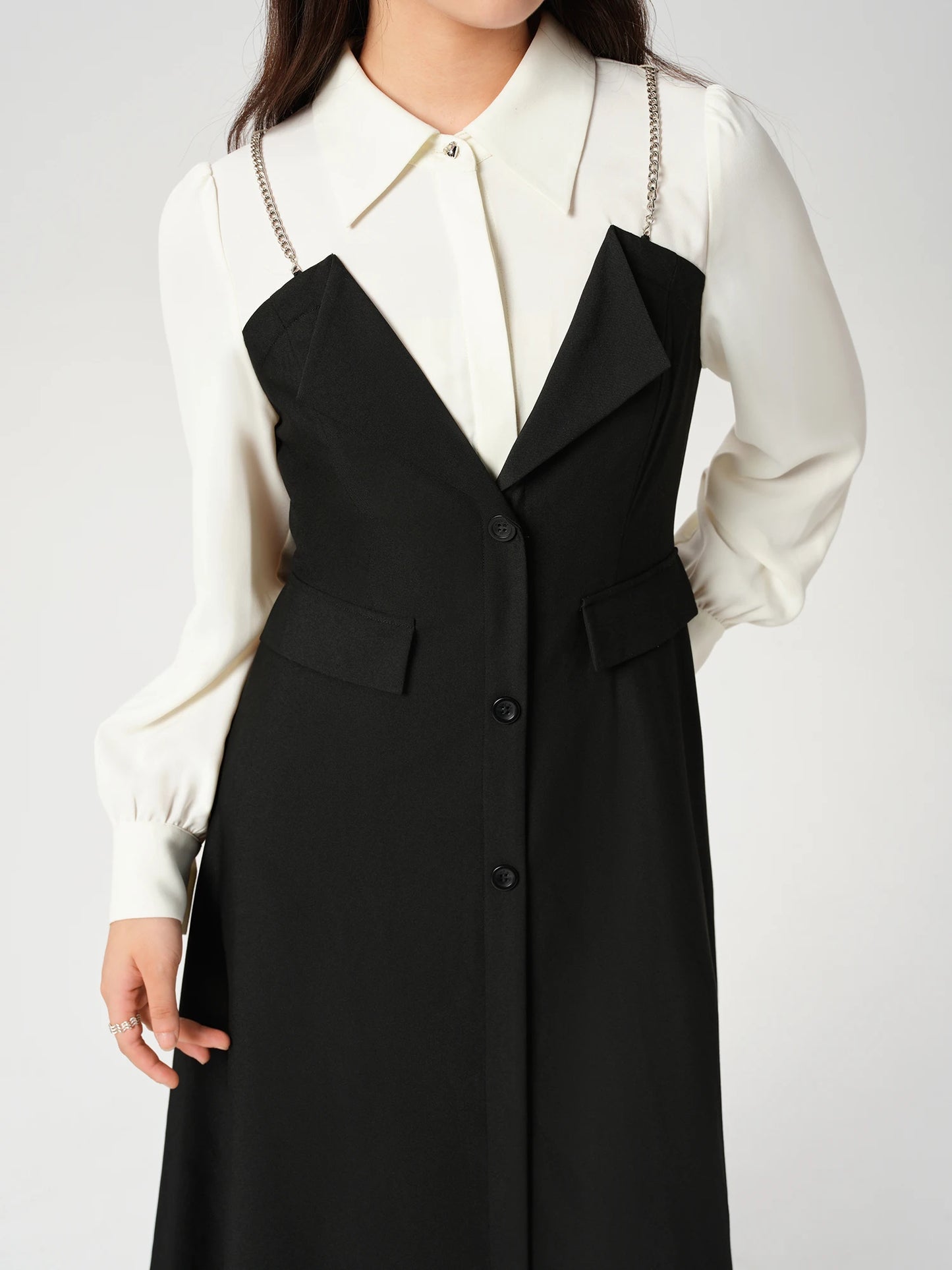 DUSHU Women Autumn Long SLeeve Dresses Office Lady Temperament Polo Neck A-LINE Long Dress Fake Two Patchwork Dress 24DS83358