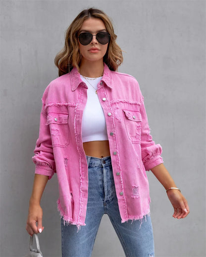 2025 Spring Autumn Shirt Style Denim Jacket Women Holes Raw-edges Jeancoat Casual Tops Female Oversize Loose Outerwear 7 Colors