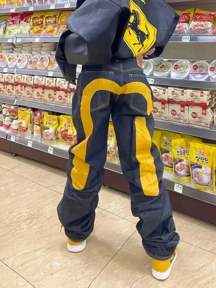 Retro 90s Japanese Style Street Personality Printed Straight DenimTrousers Y2K Rock Gothic Punk Loose Jeans Couple Clothing