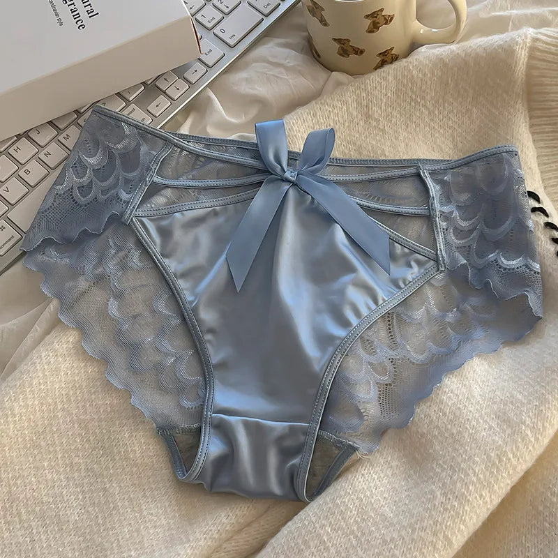 5Pcs Silk underwear, Women's intimate sexy lovely soft ﻿comfortable bowknot silk light thin triangular pants lace splicing