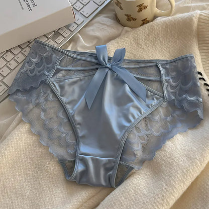 5Pcs Silk underwear, Women's intimate sexy lovely soft ﻿comfortable bowknot silk light thin triangular pants lace splicing