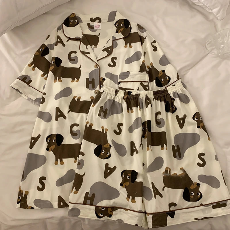 Spring Summer 2024 Cute Women's Pajamas Set Dachshund Print Cotton Two Pieces Short Sleeve Tops Full Length Pants Sleepwear 3991 Top and shorts