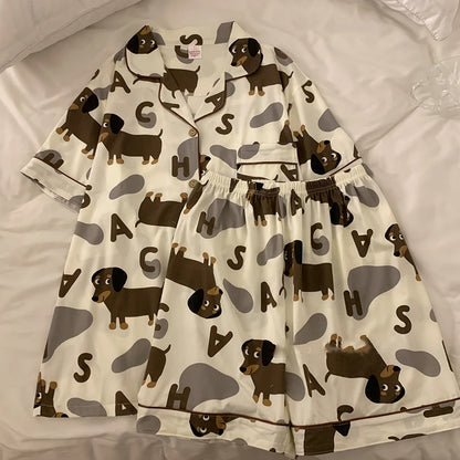 Spring Summer 2024 Cute Women's Pajamas Set Dachshund Print Cotton Two Pieces Short Sleeve Tops Full Length Pants Sleepwear 3991 Top and shorts