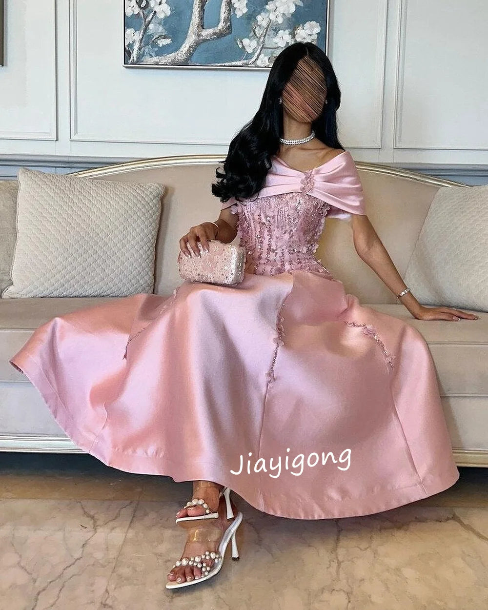 Customized Elegant Charmeuse Sequined Beading A-line Off-the-shoulder Midi Dresses Bespoke Occasion  Chinese Style Badiee Stylez