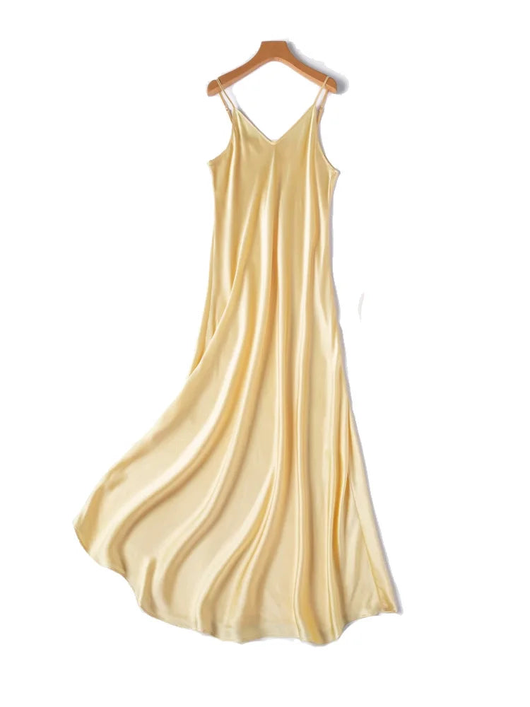 SuyaDream Woman Long Dress, 100%Real Silk, V Neck, Solid Spaghetti Strap Dresses, 2025 Elegant Chic Clothes Badiee Stylez