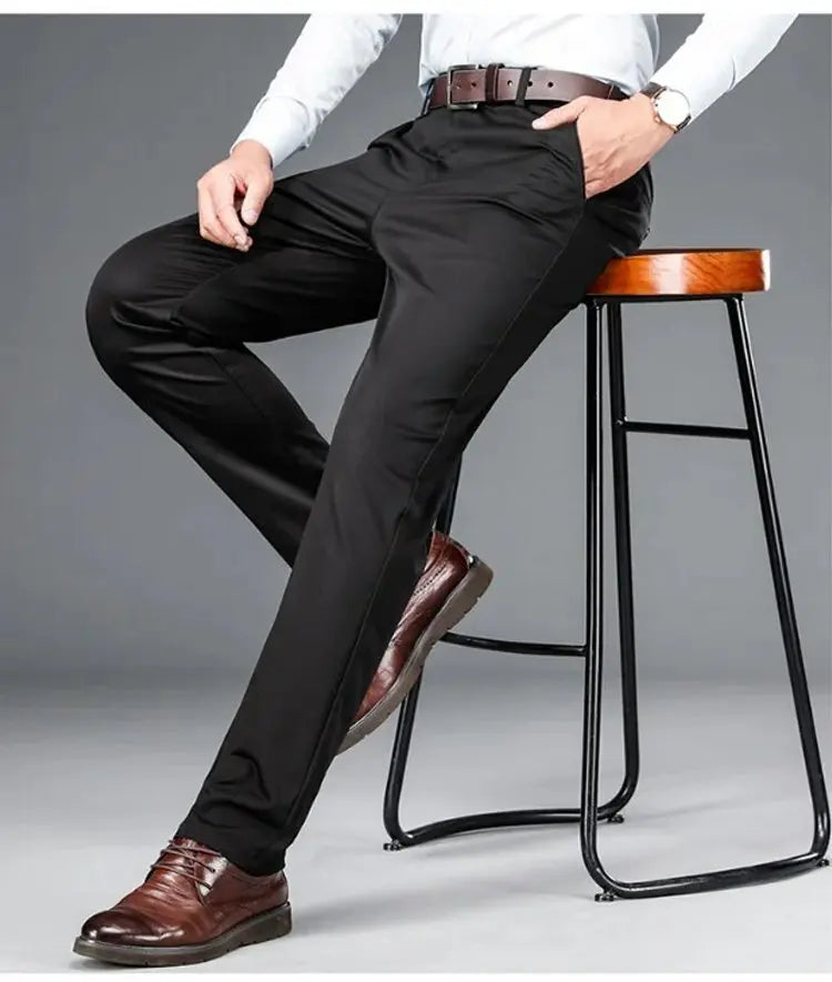Men's ice silk suit pants Elastic mid-waist baggy trousers Straight business trousers