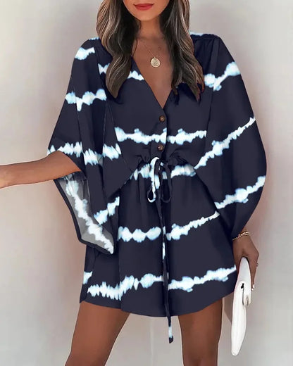 Women Print Dress Sexy V-Neck Bat Sleeve Ruffl Flowers Print Bohemian Beach Sundress Ladies Loose Summer Vacation Mini Dresses black