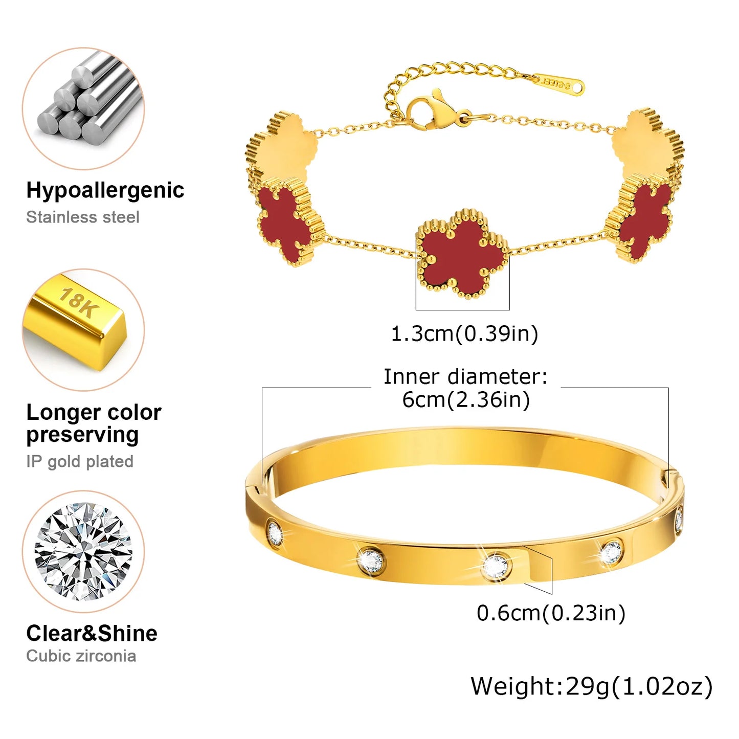 Vnox Exquisite 13mm Clover Bracelet Set for Women, Love Gift Bracelets for Wife Mothers Day Jewelry, Stainless Steel Cuff Bangle Badiee Stylez