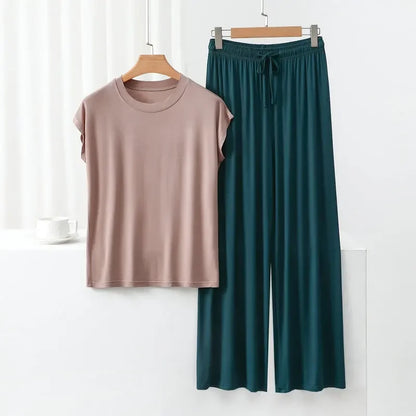 Modal Homewear set O-neck Tshirts short sleeves and Wide leg pants Loose sleepwear Casual streetwear suit all match khakidarkgreen