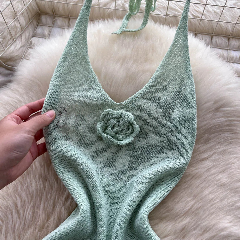 SINGREINY Halter 3D Floral Maxi Sundress Women Sleeveless Bodycon Elastic Beach Dress Vacation Knitted Split Sexy Long Dress