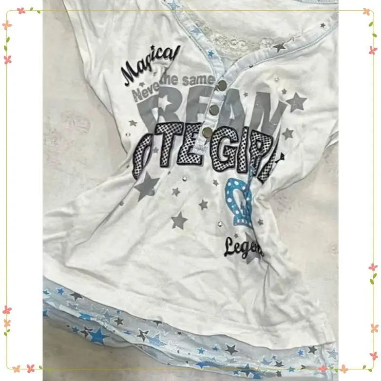 Millennium Y2k Star Printed Fake Two Piece T-Shirt American Vintage V-neck Short Sleeve T-shirt Harajuku Y2k V-neck T-shirt